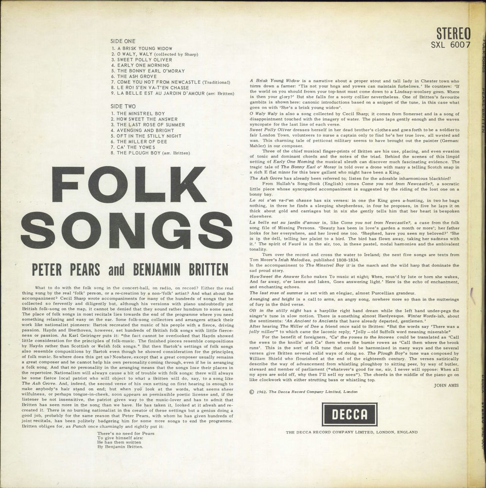 Peter Pears Folk Songs UK vinyl LP album (LP record)