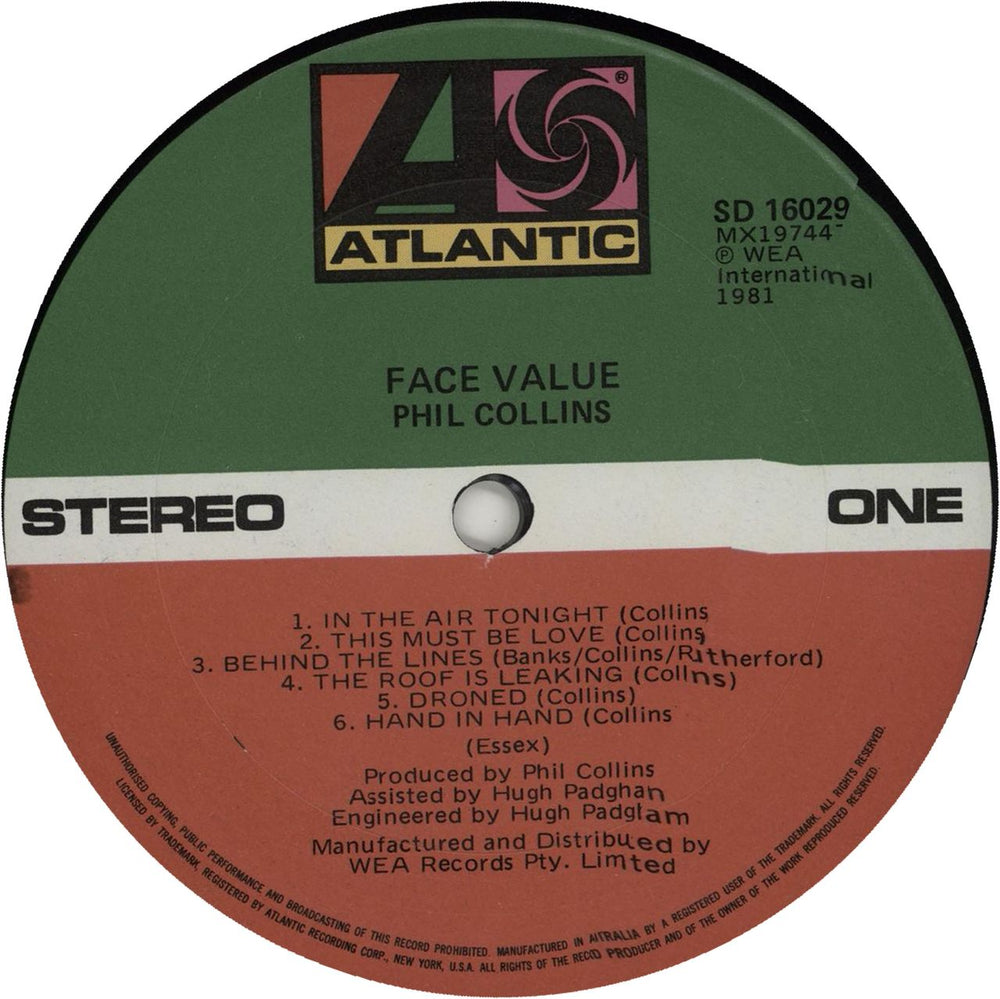 Phil Collins Face Value Australian vinyl LP album (LP record)