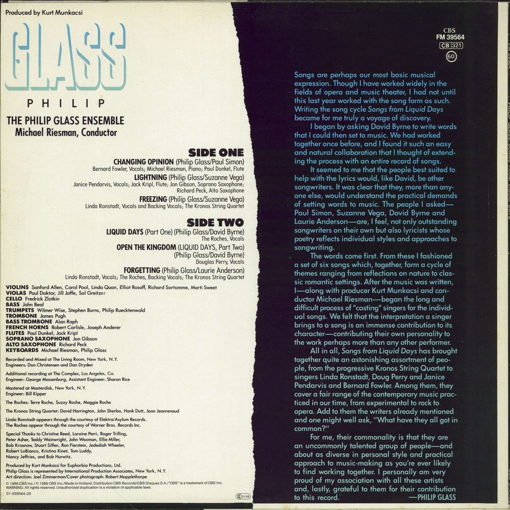 Philip Glass Songs From Liquid Days Dutch vinyl LP album (LP record)