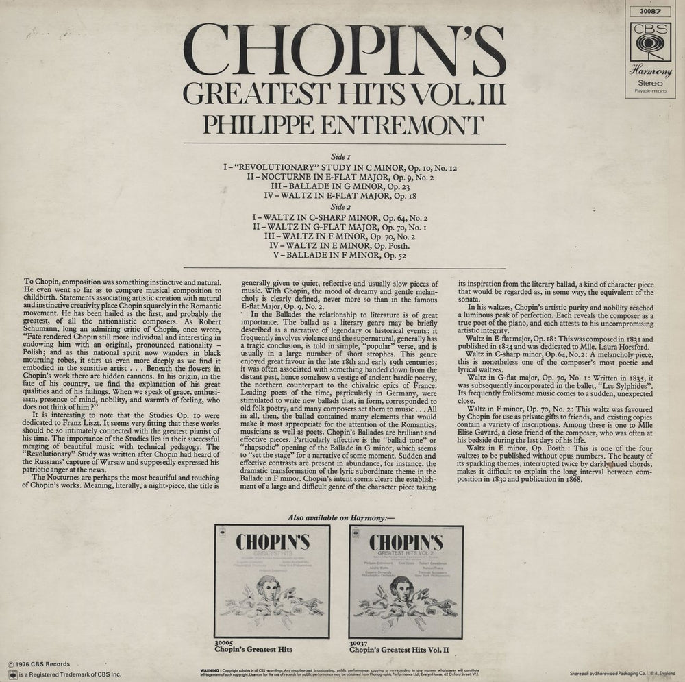 Philippe Entremont Chopin's Greatest Hits Vol. III UK vinyl LP album (LP record)