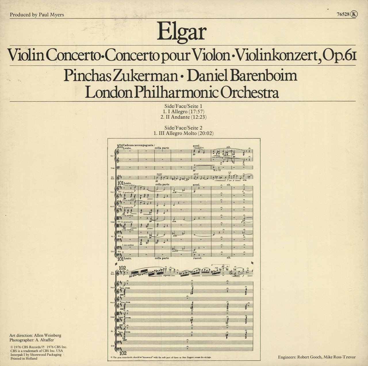 Pinchas Zukerman Elgar Violin Concerto UK Vinyl LP —