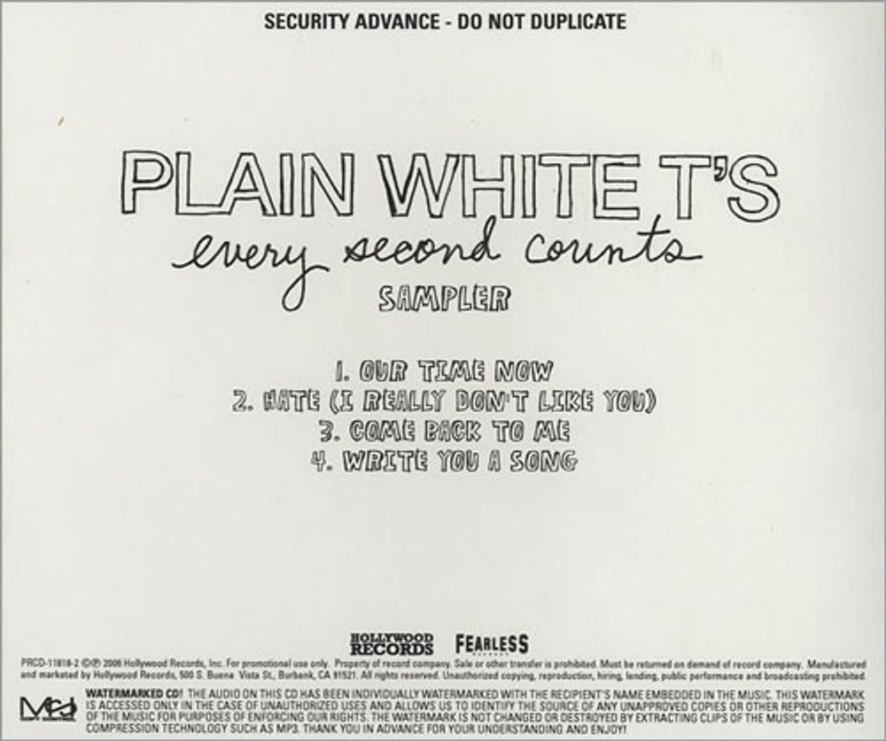 Plain White T's Every Second Counts - Sampler US Promo CD-R acetate CDR ACETATE