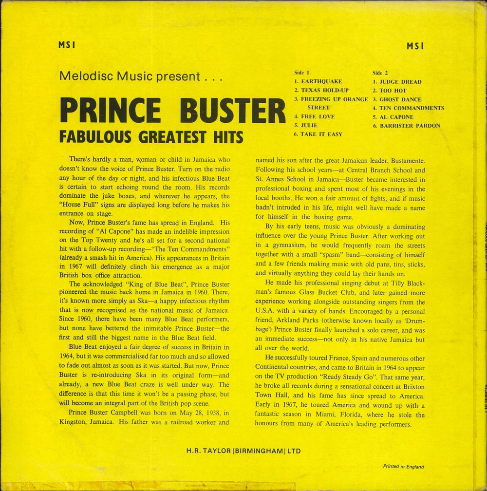 Prince Buster FABulous Greatest Hits - yellow label - VG UK vinyl LP album (LP record)