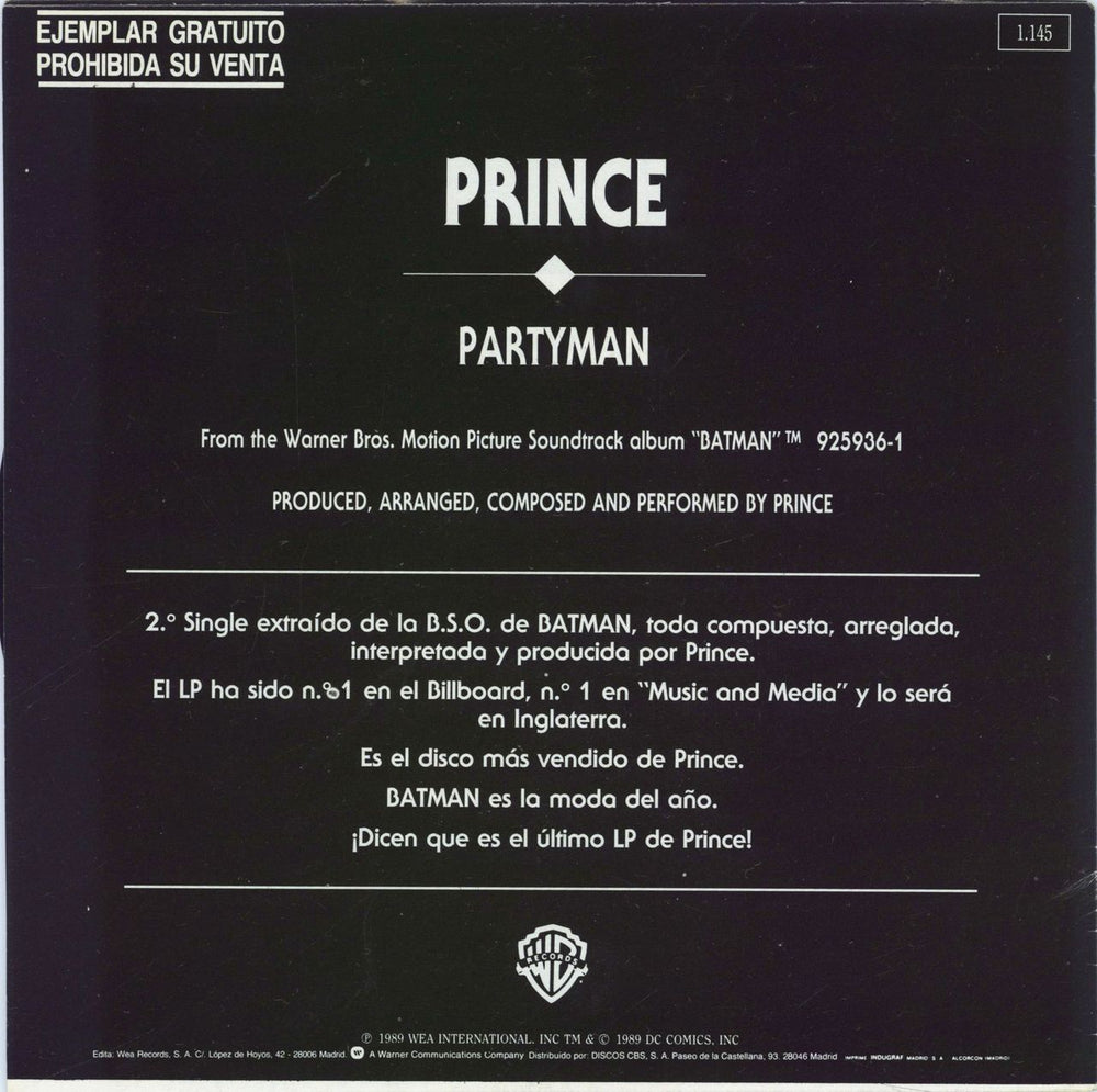 Prince Partyman Spanish Promo 7" vinyl single (7 inch record / 45)