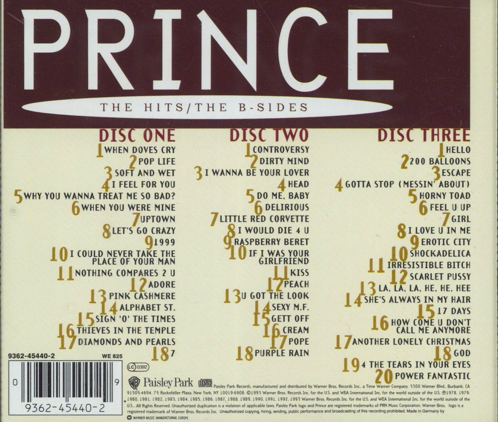 Prince The Hits And B-Sides - Song Hype Stickered German 3-CD album set (Triple CD) 093624544029