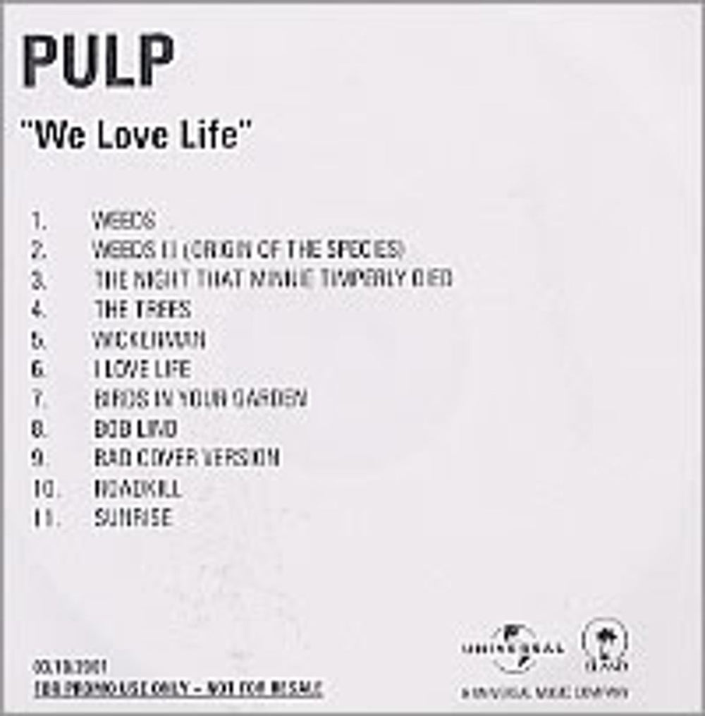 Pulp We Love Life UK Promo CD-R acetate CD ACETATE