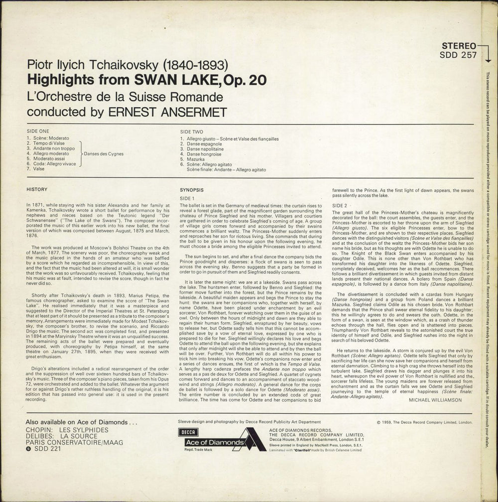 Pyotr Ilyich Tchaikovsky Highlights From Swan Lake Op.20 UK vinyl LP album (LP record)