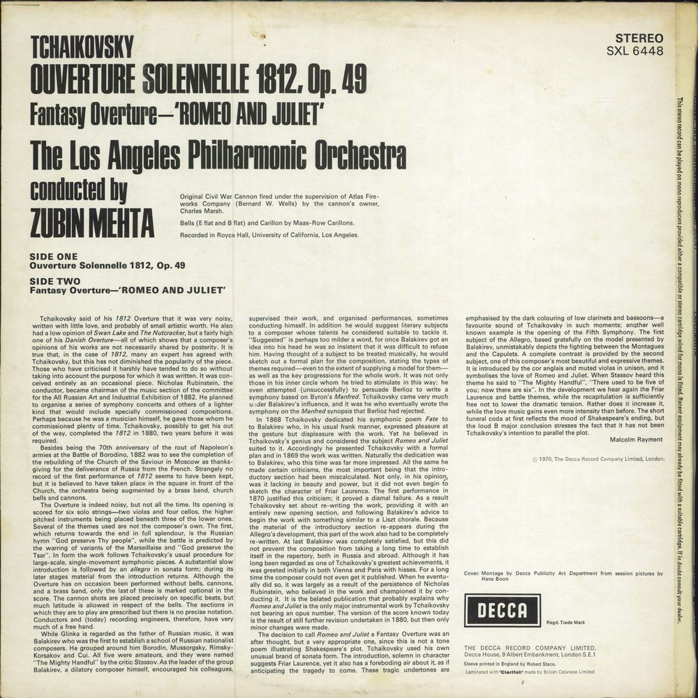 Pyotr Ilyich Tchaikovsky Overture Solennelle 1812 / Fantasy Overture 'Romeo And Juliet' UK vinyl LP album (LP record)