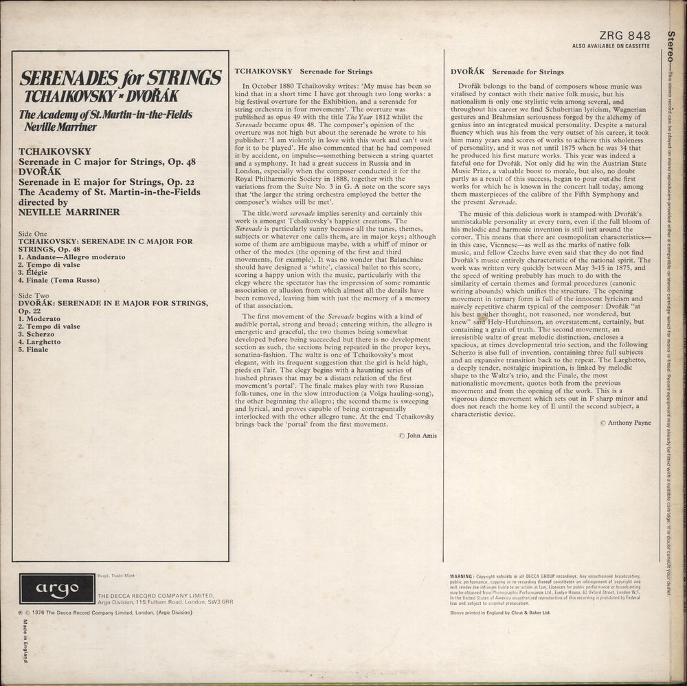 Pyotr Ilyich Tchaikovsky Serenades For Strings UK vinyl LP album (LP record)