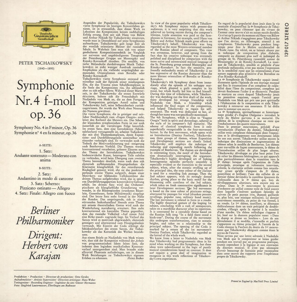 Pyotr Ilyich Tchaikovsky Symphony No. 4 in F minor UK vinyl LP album (LP record)