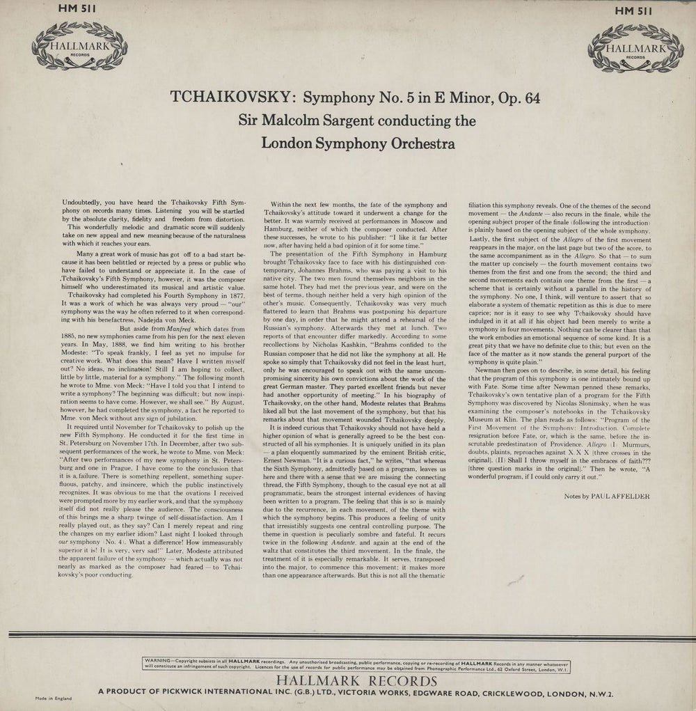 Pyotr Ilyich Tchaikovsky Symphony No. 5 in E Minor, Op.64 UK vinyl LP album (LP record)