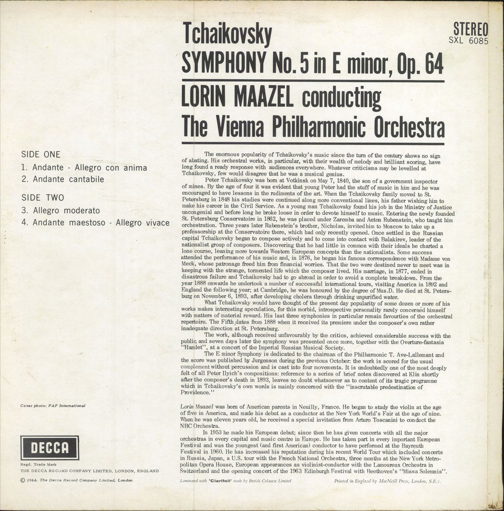 Pyotr Ilyich Tchaikovsky Symphony No. 5 in E Minor, Op.64 UK vinyl LP album (LP record)