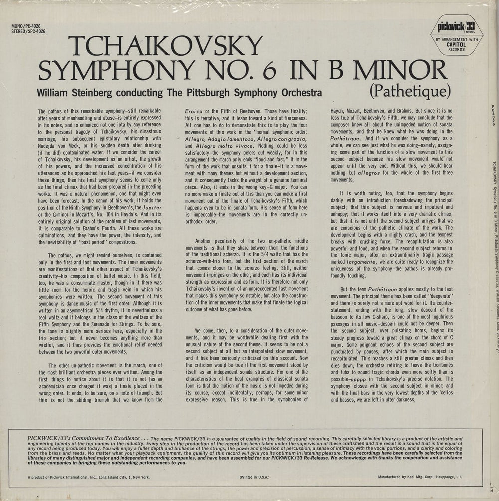 Pyotr Ilyich Tchaikovsky Symphony No. 6 in B Minor (Pathetique) US vinyl LP album (LP record)
