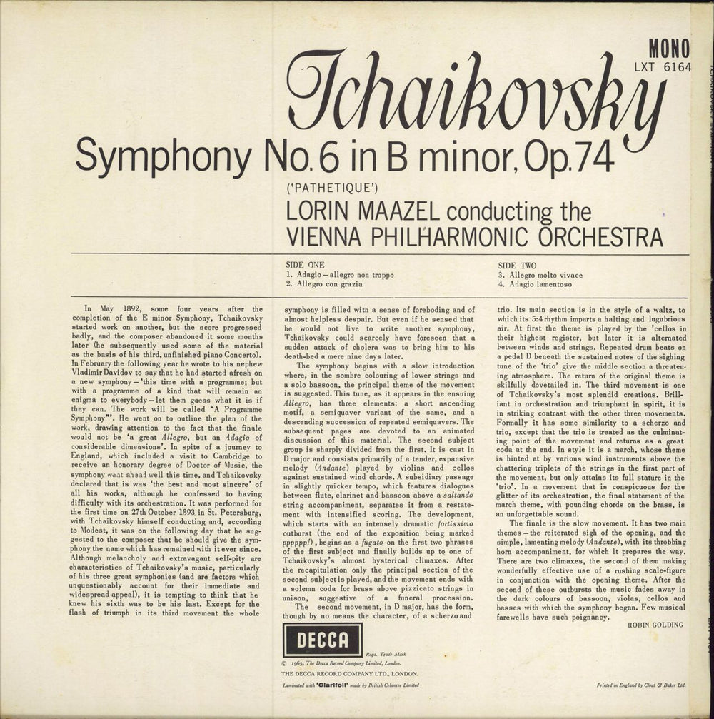 Pyotr Ilyich Tchaikovsky Symphony No. 6 UK vinyl LP album (LP record)
