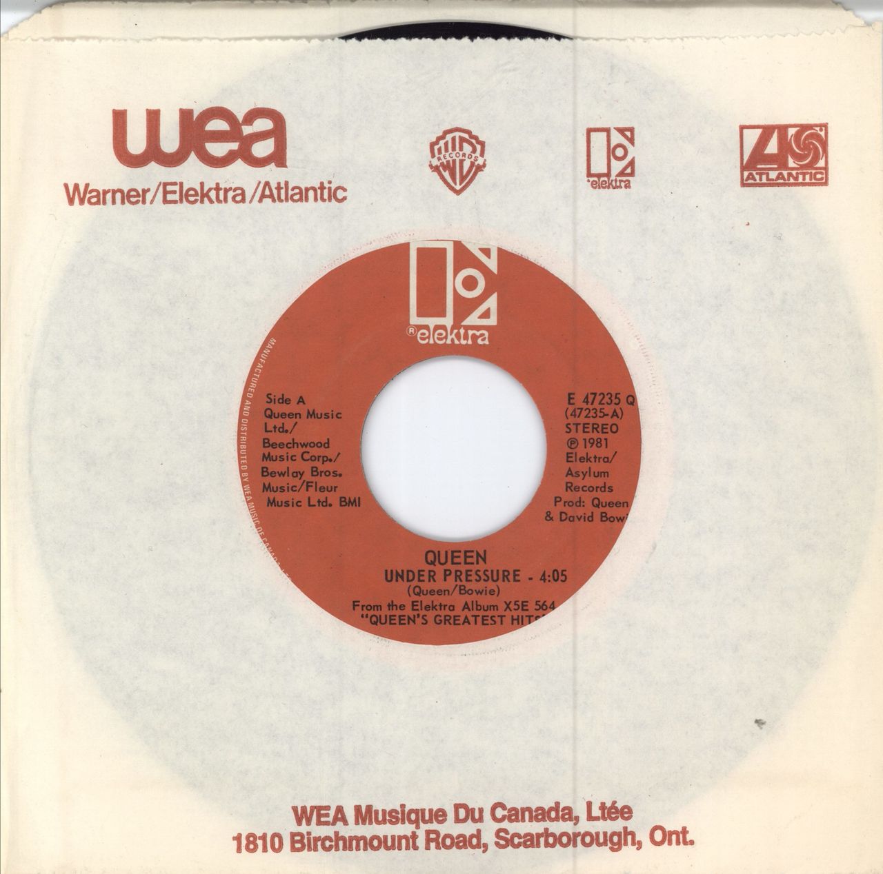 Queen Under Pressure Canadian 7" vinyl single (7 inch record / 45)