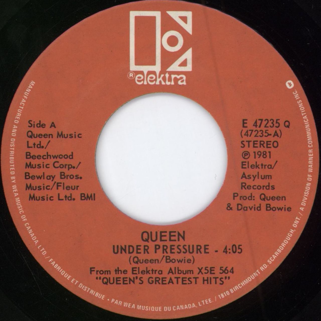 Queen Under Pressure Canadian 7" vinyl single (7 inch record / 45) E47235