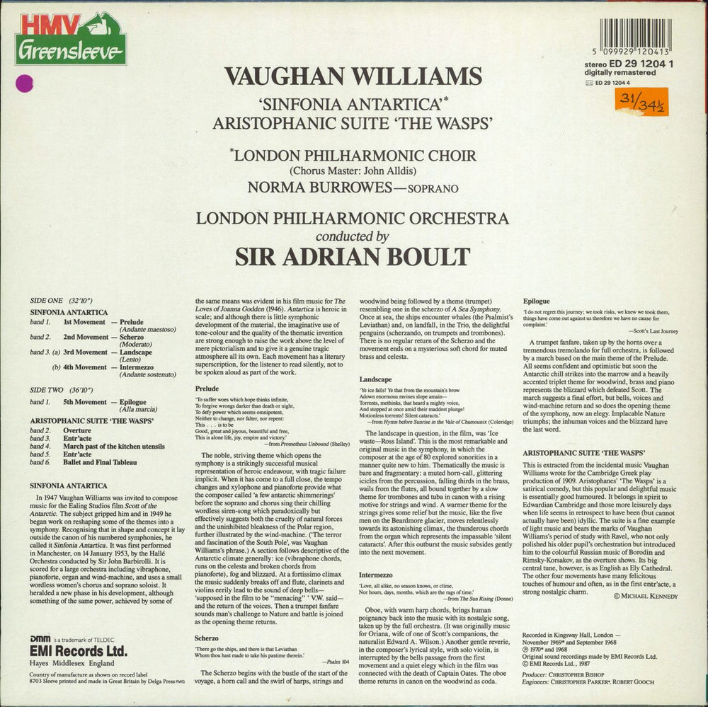 Ralph Vaughan Williams Sinfonia Antarctica / Aristophanic Suite 'The Wasps' UK vinyl LP album (LP record) 5099929120413
