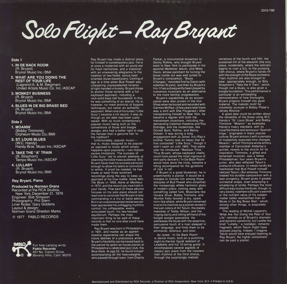 Ray Bryant Solo Flight US vinyl LP album (LP record)