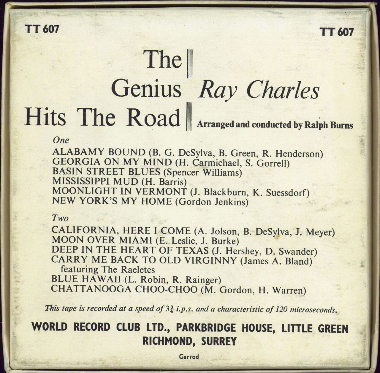 Ray Charles Genius Hits The Road - Mono Reel-To-Reel Tape UK Reel to R ...