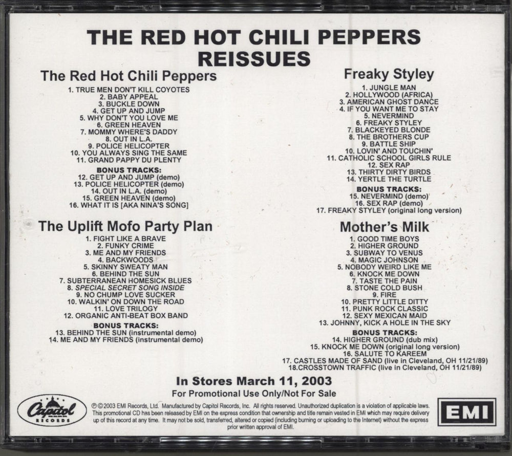 Red Hot Chili Peppers Reissues US Promo CD-R acetate