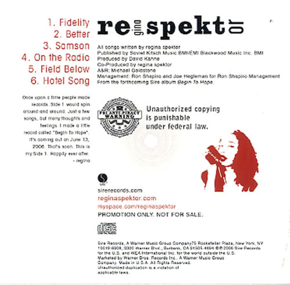 Regina Spektor Begin To Hope - Side 1 US Promo CD single (CD5 / 5") RGKC5BE626792