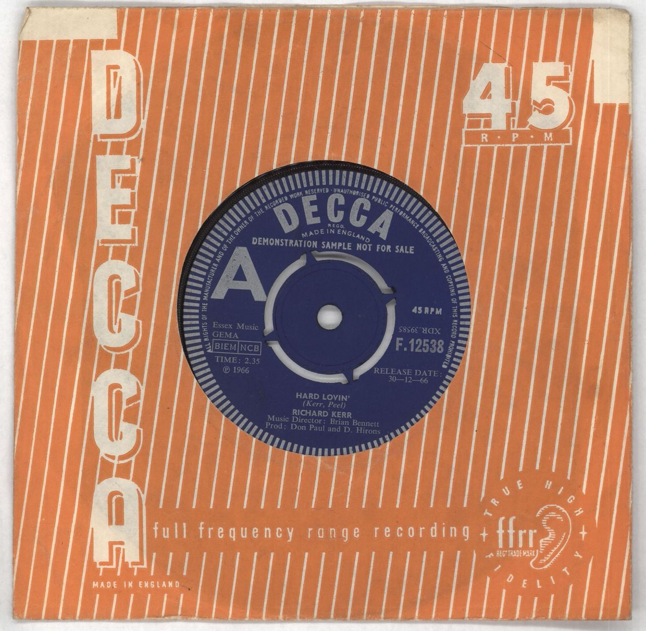 Richard Kerr Hard Lovin' - A Label UK Promo 7" vinyl single (7 inch record / 45) F.12538