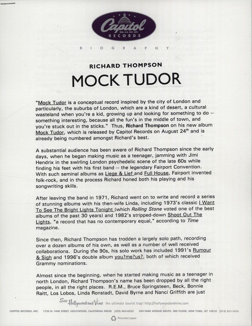 Richard Thompson Mock Tudor US Promo media press pack