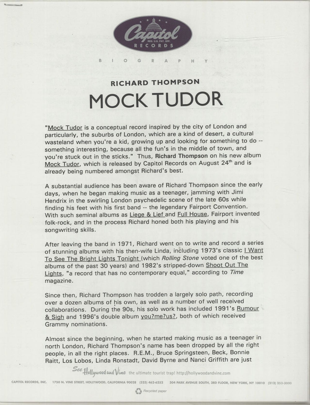 Richard Thompson Mock Tudor US Promo media press pack PRESS PACK