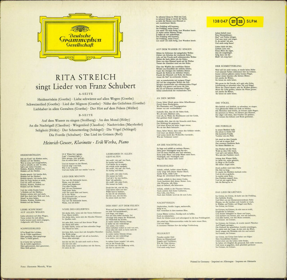Rita Streich Sings Lieder of Franz Schubert German vinyl LP album (LP record)