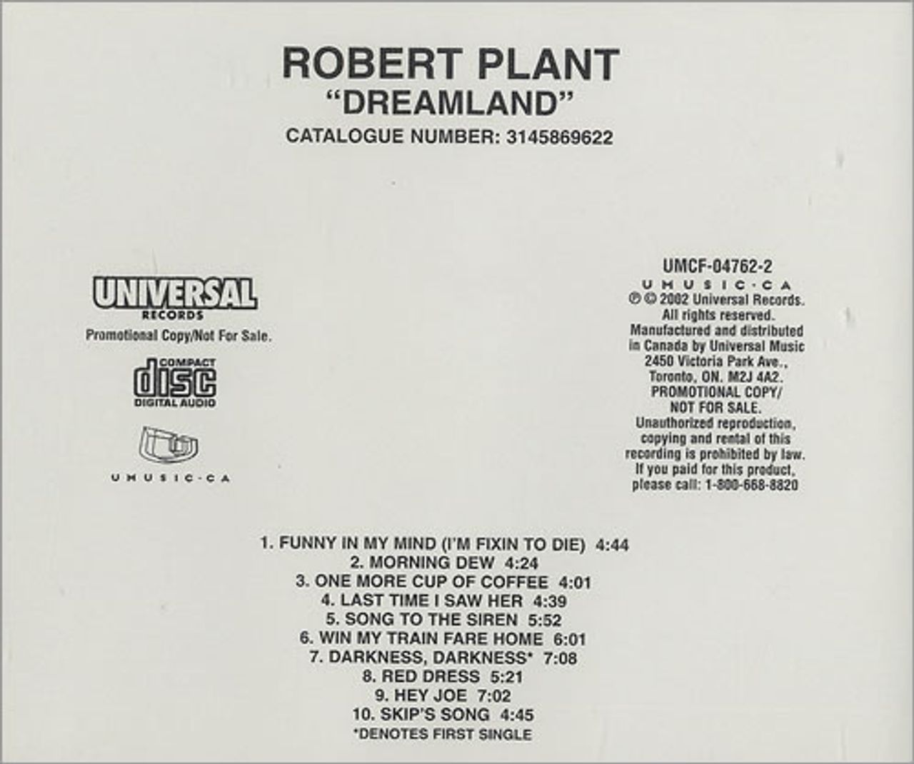 Robert Plant Canadian CD album RareVinyl.com