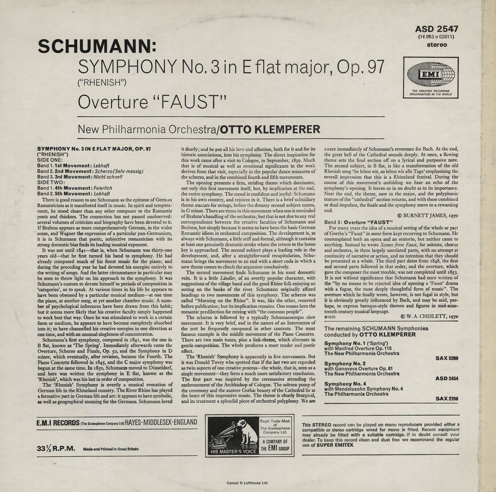 Robert Schumann Schumann: Symphony No. 3 in E flat, Op. 97 ("Rhenish") / Overture To Goethe's "Faust" UK vinyl LP album (LP record)