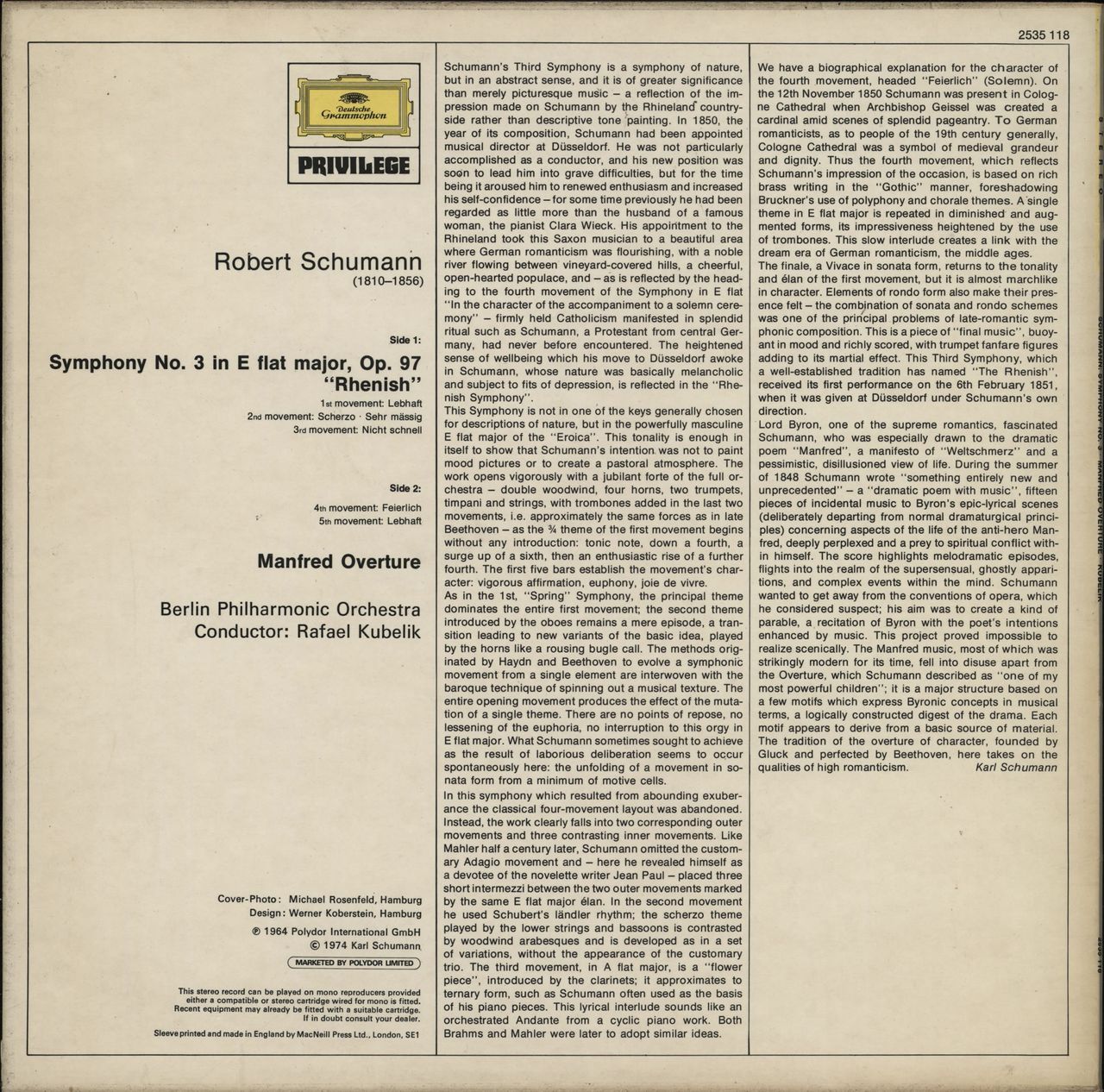 Robert Schumann Symphony No. 3 "Rhenish" / Manfred Overture UK vinyl LP album (LP record)