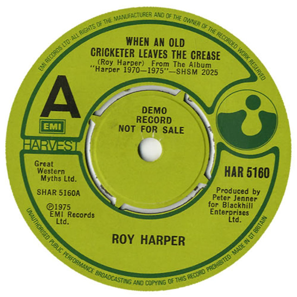 Roy Harper When An Old Cricketer Leaves The Crease UK Promo 7" vinyl single (7 inch record / 45) ROY07WH562813