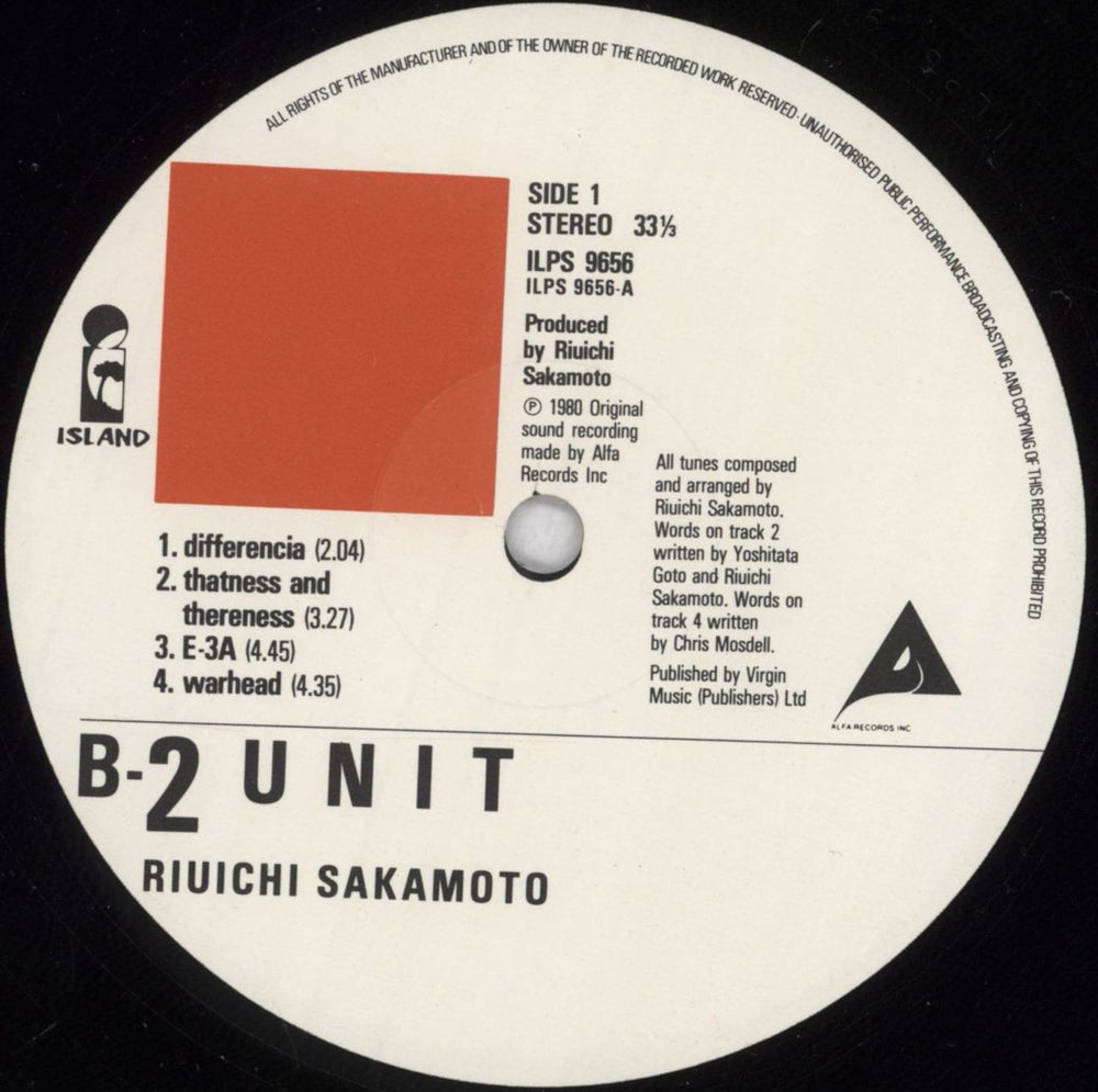 Ryuichi Sakamoto B-2 Unit - VG+ UK vinyl LP album (LP record) RYULPBU824065