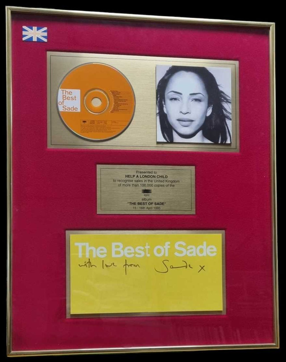 Sade The Best Of Sade - Autographed Gold Award UK award disc GOLD AWARD