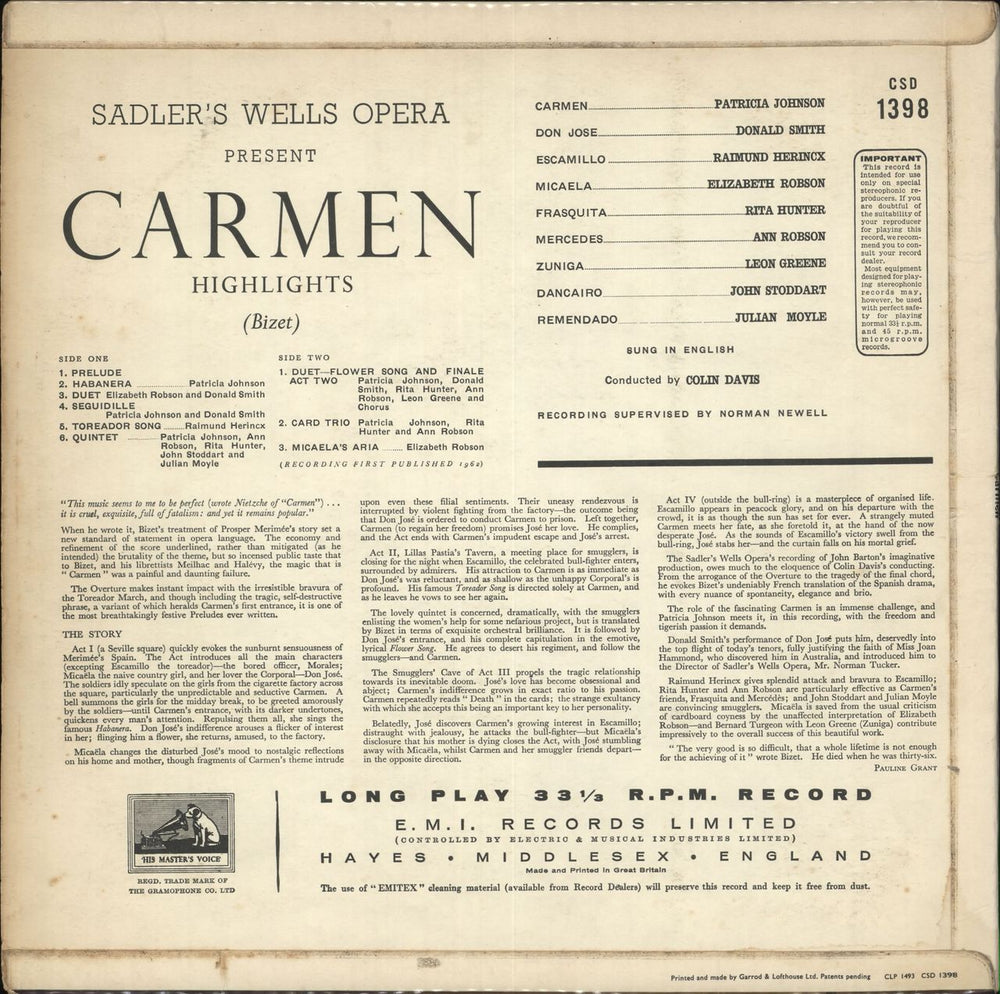 Sadler's Wells Theatre Carmen - 1st UK vinyl LP album (LP record)