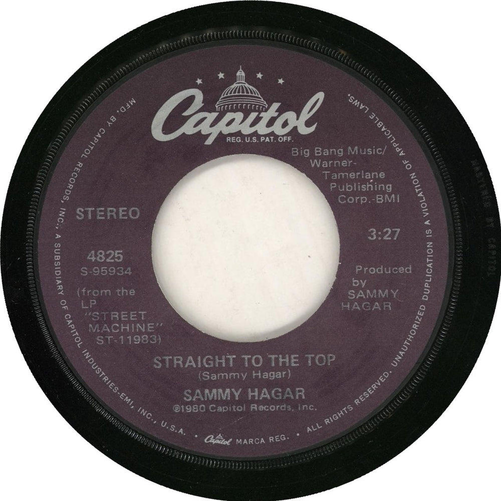 Sammy Hagar Straight To The Top US 7" vinyl single (7 inch record / 45) 4825