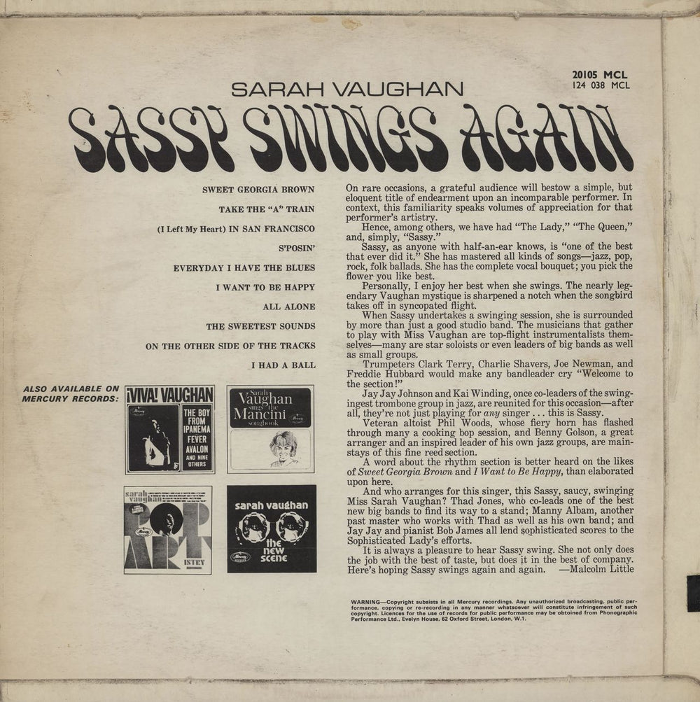 Sarah Vaughan Sassy Swings Again UK vinyl LP album (LP record)