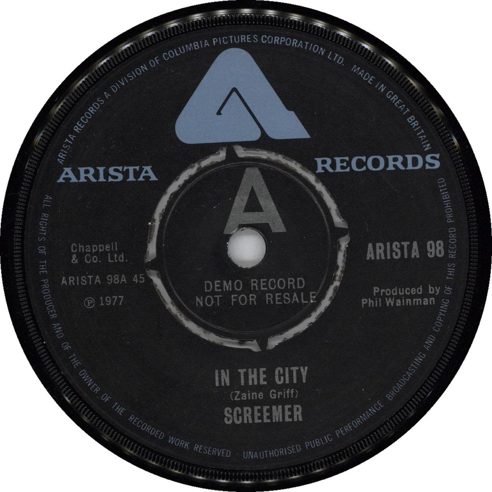 Screemer In The City UK Promo 7" vinyl single (7 inch record / 45) ARISTA98