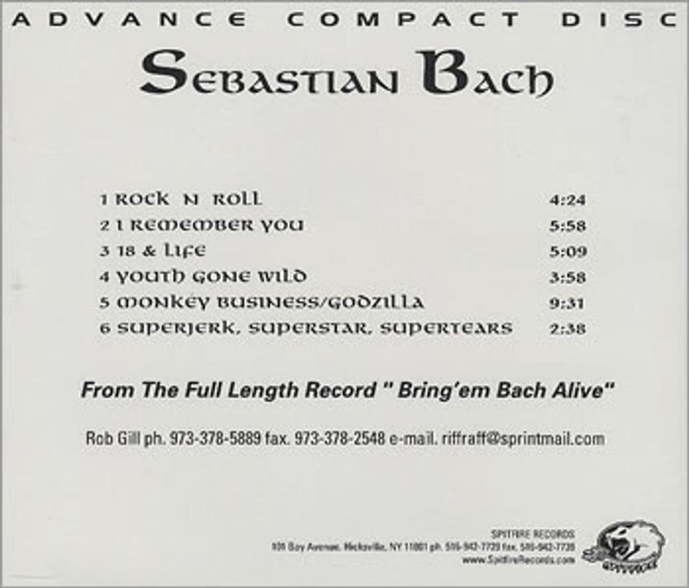 Sebastian Bach Bring 'Em Bach Alive Sampler US Promo CD single (CD5 / 5") NBHC5BR151132