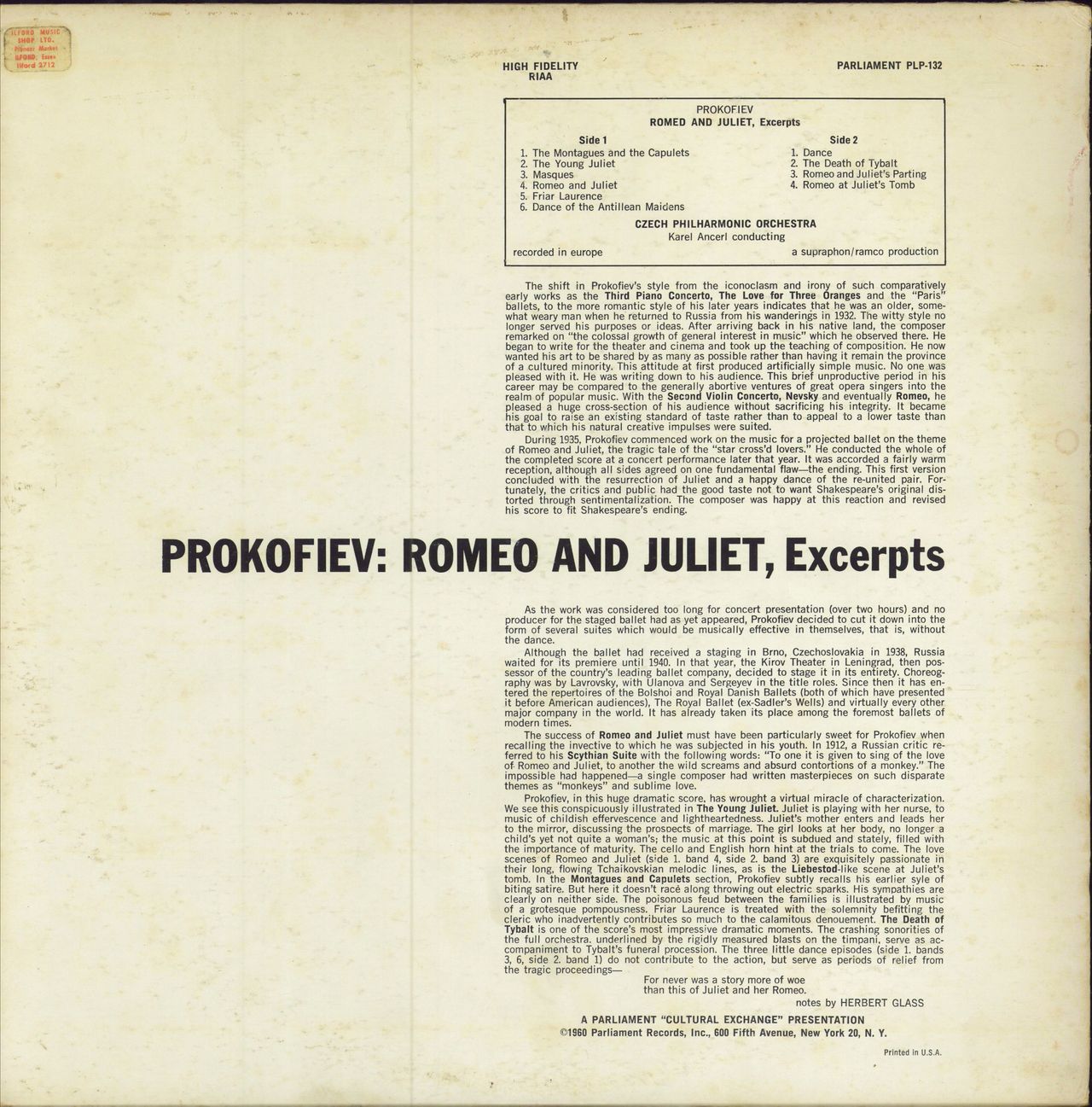Sergei Prokofiev Romeo And Juliet, Ballet Suite US vinyl LP album (LP record)