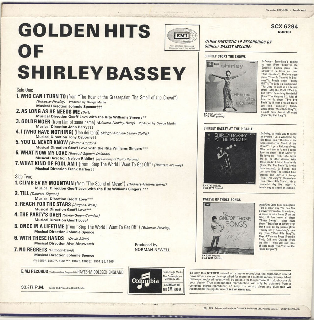 Shirley Bassey Golden Hits Of - 1st UK vinyl LP album (LP record) SHBLPGO690408