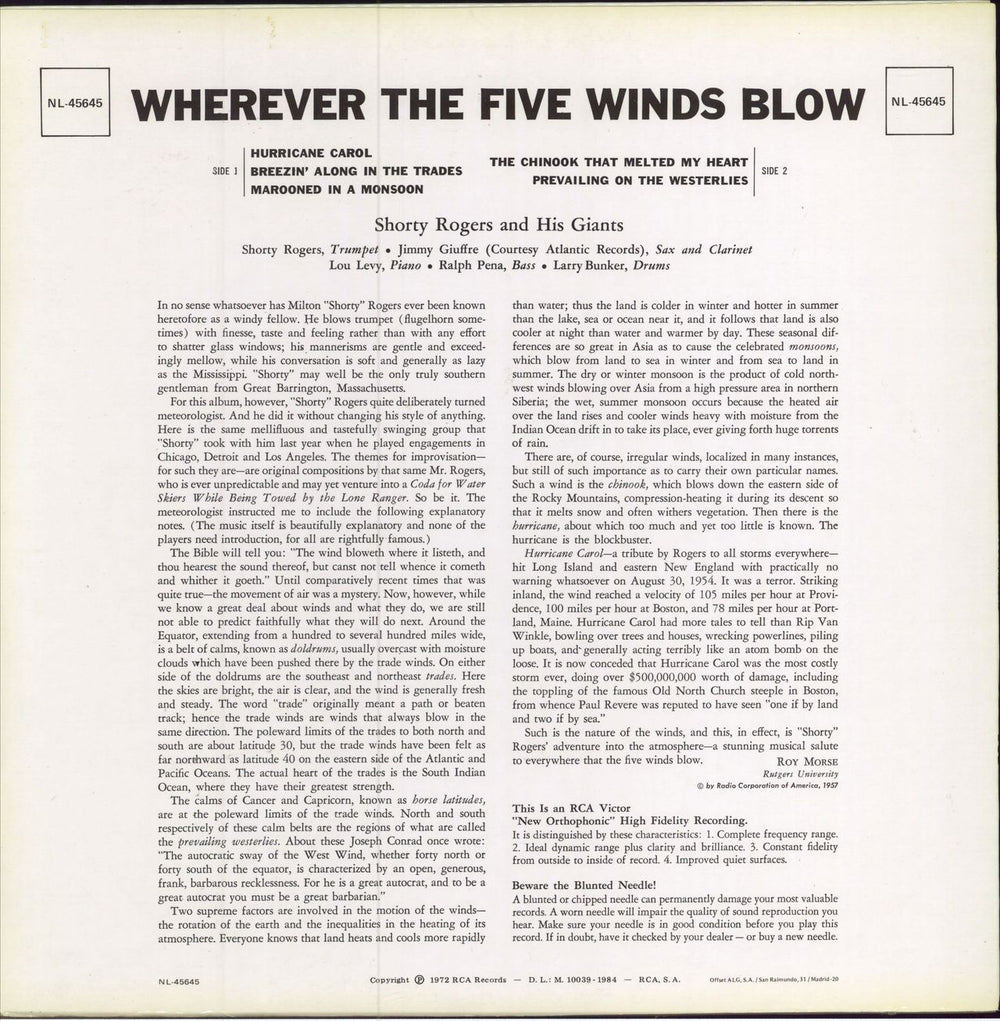 Shorty Rogers Wherever The Five Winds Blow Spanish vinyl LP album (LP record)