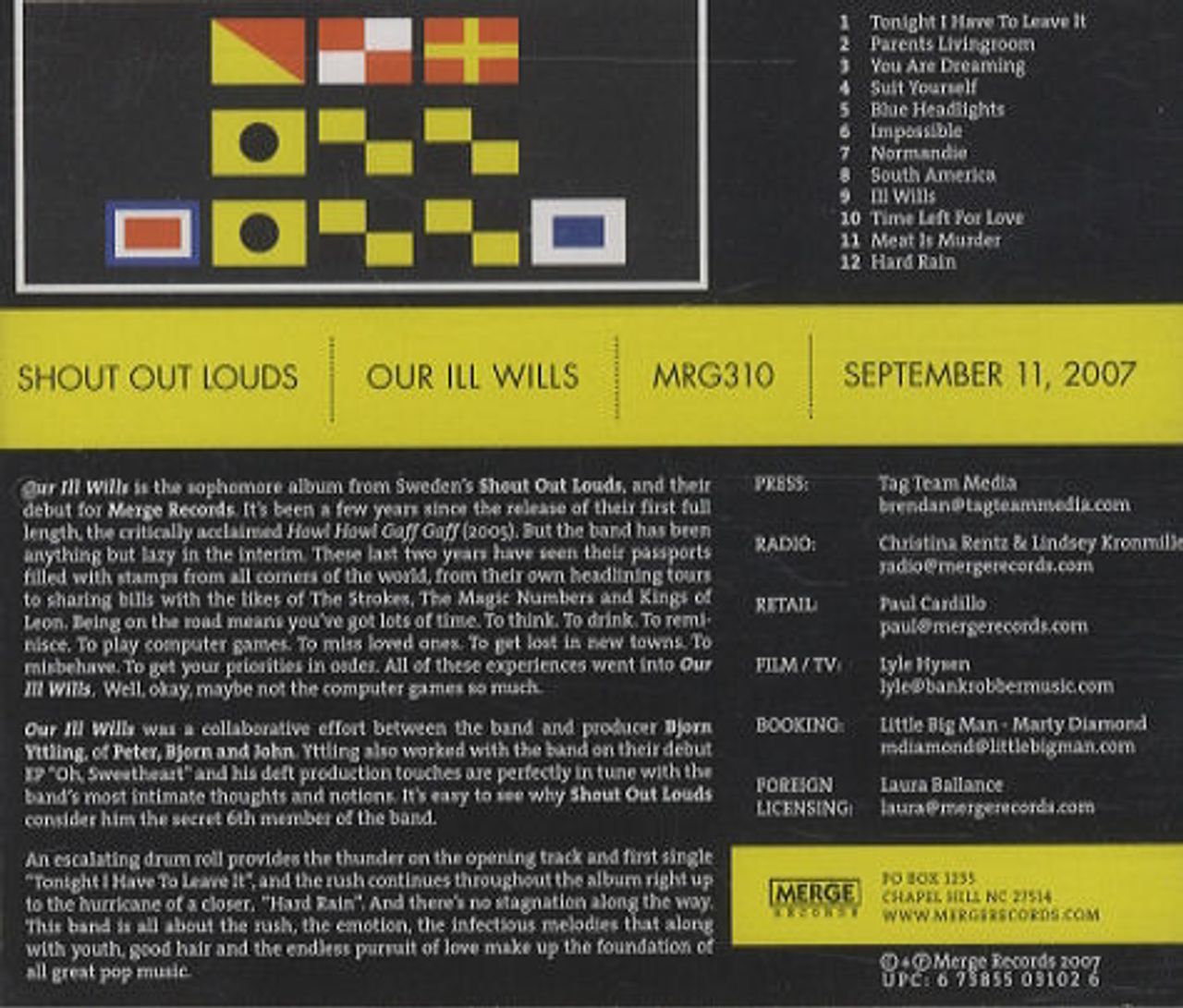 Shout Out Louds Our Ill Wills US Promo CD album (CDLP) MRG310