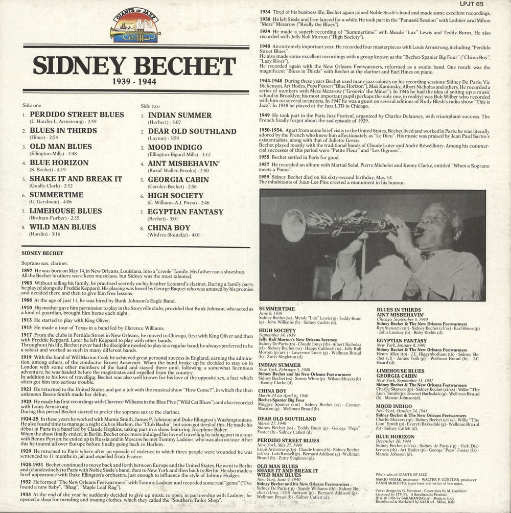 Sidney Bechet Sidney Bechet 1939-1944 Italian vinyl LP album (LP record)