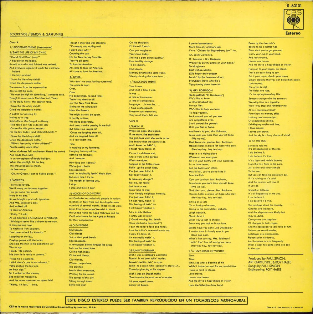 Simon & Garfunkel Bookends Spanish vinyl LP album (LP record)