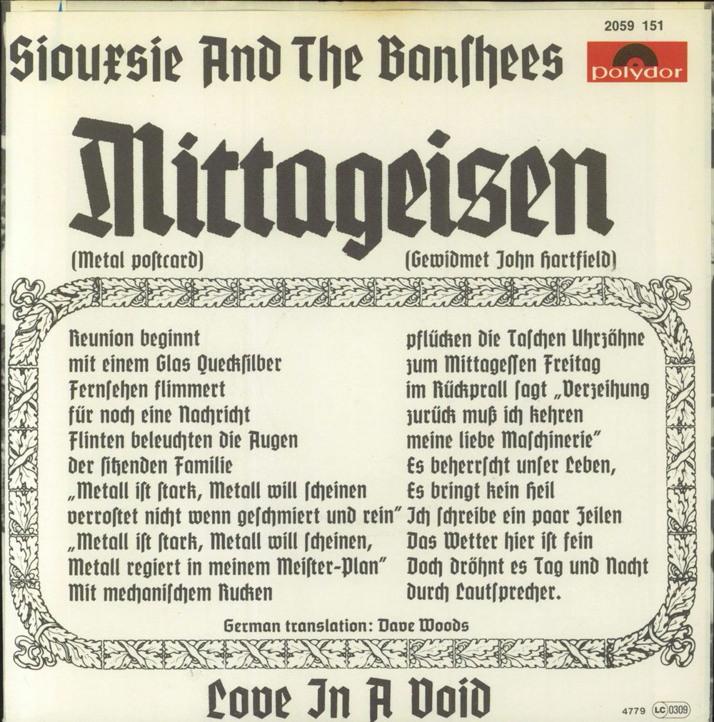 Siouxsie & The Banshees Mittageisen German 7" vinyl single (7 inch record / 45)