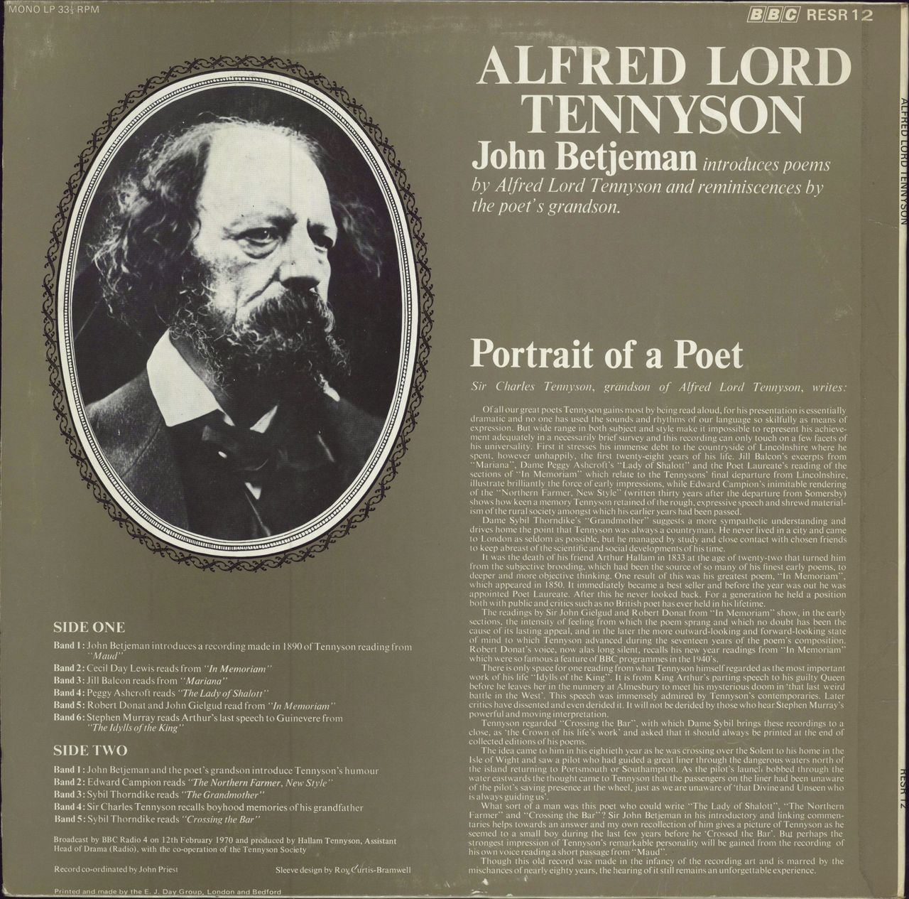 Sir John Betjeman Alfred Lord Tennyson Portrait Of A Poet - A Study Record UK vinyl LP album (LP record)