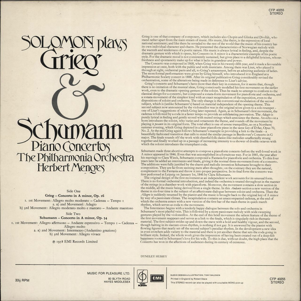 Solomon Grieg & Schumann Piano Concertos UK vinyl LP album (LP record)