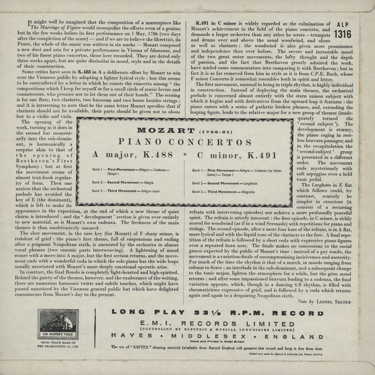 Solomon Mozart Piano Concertos UK vinyl LP album (LP record)